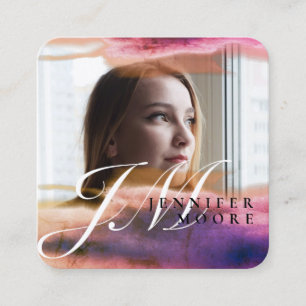 Chic Roos Gold Blue Waterverf Monogram Foto Vierkante Visitekaartje