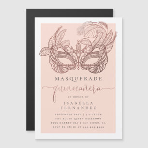 Chic Roos Gold & Blush Masquerade Quinceañera Magnetische Uitnodiging