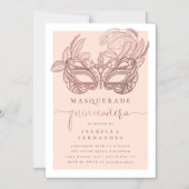 Chic Roos Gold & Blush Masquerade Quinceañera Magnetische Uitnodiging (Voorkant)
