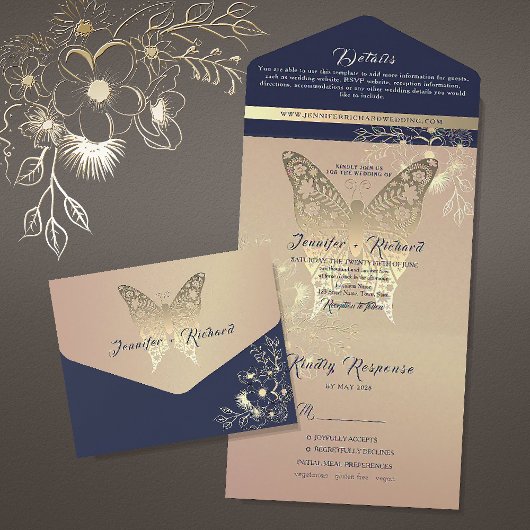 Chic Roos Gold Butterfly Wedding All In One Uitnodiging