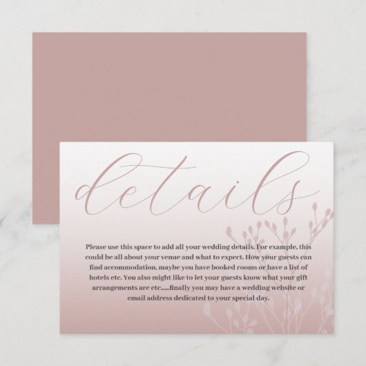 Chic Roos Gold & Calligraphy Wedding Details Informatiekaartje (Voorkant / Achterkant)