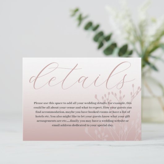 Chic Roos Gold & Calligraphy Wedding Details Informatiekaartje (Staand voorkant)