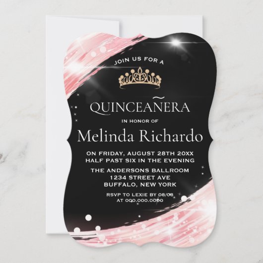 Chic Roos Gold Crown Quinceanera Party Kaart (Voorkant)