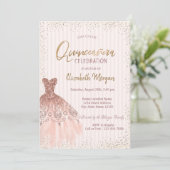 Chic Roos Gold Dress Confetti Stripes Quinceañera Kaart (Staand voorkant)
