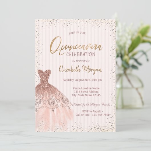 Chic Roos Gold Dress Confetti Stripes Quinceañera Kaart (Staand voorkant)
