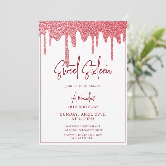 Chic Roos Gold Drip Glitter Sweet 16 Birthday Kaart (Staand voorkant)