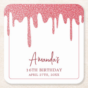 Chic Roos Gold Drip Glitter Sweet 16 Birthday Kartonnen Onderzetters