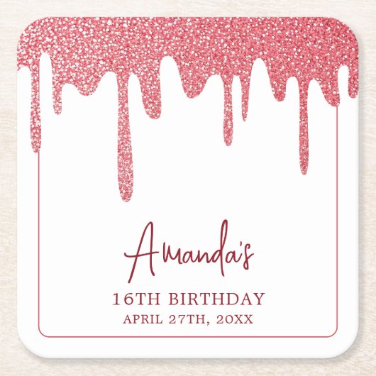 Chic Roos Gold Drip Glitter Sweet 16 Birthday Kartonnen Onderzetters (Voorkant)