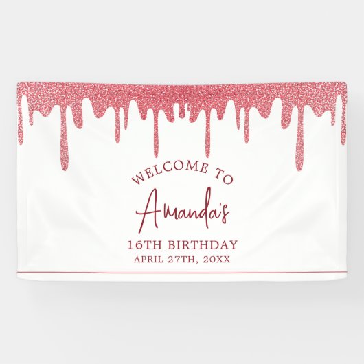 Chic Roos Gold Drip Glitter Sweet 16 Birthday Spandoek (Horizontaal)