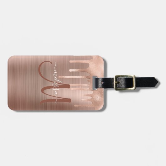 Chic Roos Gold Dripping Brushed Metal Monogram Bagagelabel (Voorkant horizontaal)