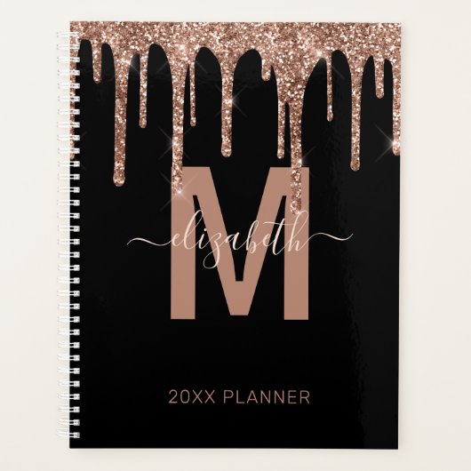 Chic Roos Gold Dripping Glitter Monogram naam 2023 Planner (Voorkant)
