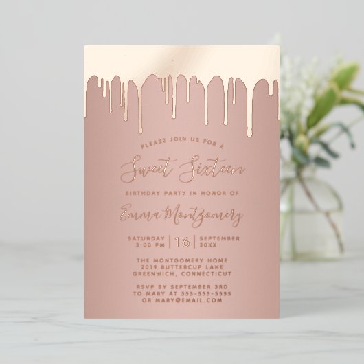 Chic Roos Gold Drips, op 16 oktober, feestdag Folie Uitnodiging (Staand Voorkant)