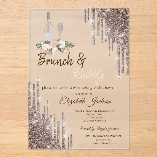 Chic Roos Gold Drivers Brunch en bubbelbaar Vrijge Acryl Uitnodigingen (Voorkant)