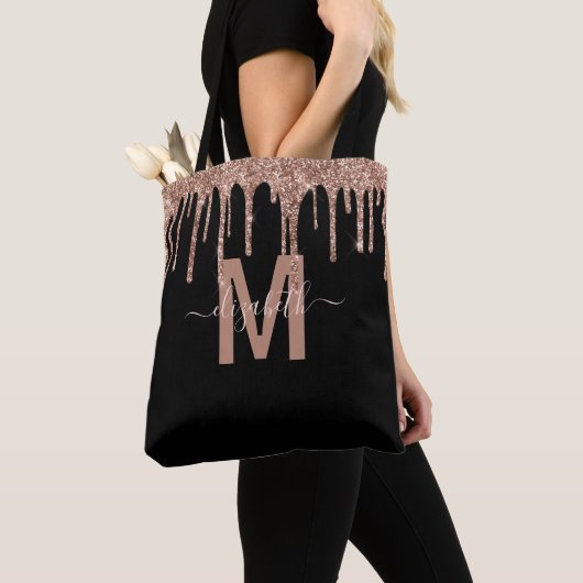 Chic Roos Gold Driving Glitter Monogram Naam Tote Bag (Dichtbij)