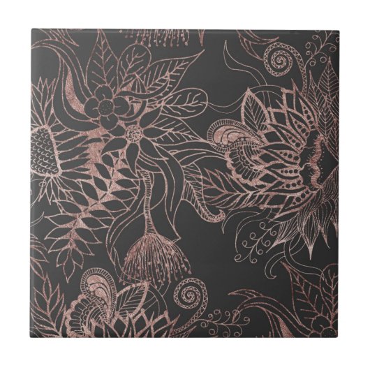 Chic Roos Gold en Black Flowers Leaves Tegeltje (Voorkant)