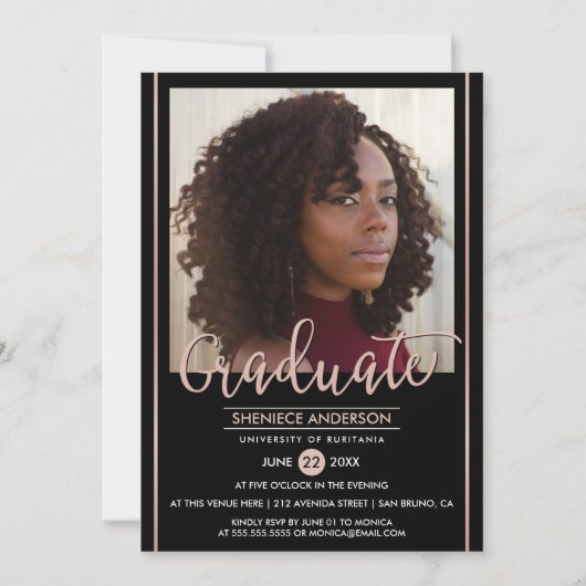 Chic Roos Gold en zwart Afstuderen | Aangepaste fo Kaart (Voorkant)