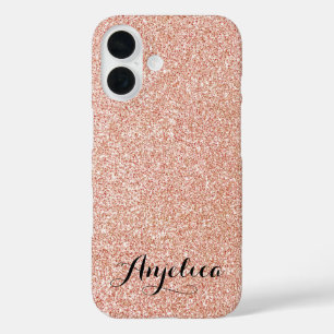 Chic Roos Gold Faux Glitter Script Typografie Naam iPhone 16 Hoesje