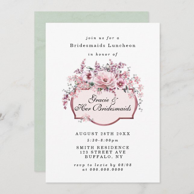 Chic Roos Gold Floral Bridesmaids Luncheon Invites (Voorkant / Achterkant)