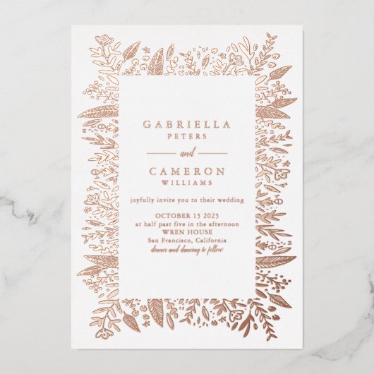 Chic Roos Gold Floral Line Art Drawing Wedding Folie Uitnodiging (Voorkant)