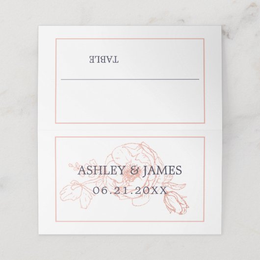 Chic Roos Gold Floral omlijnd marinesblauwe bruilo Plaatskaartje (Buitenkant ongevouwen)