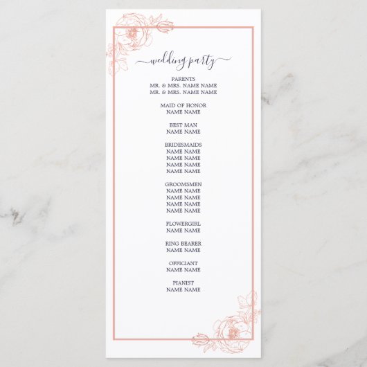 Chic Roos Gold Floral omlijnd marinesblauwe bruilo Programmakaart (Achterkant)