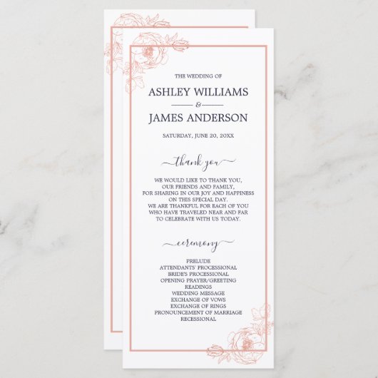 Chic Roos Gold Floral omlijnd marinesblauwe bruilo Programmakaart (Voorkant / Achterkant)