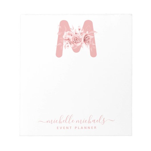 Chic Roos Gold Floral Waterverf Monogram Notitieblok (Voorkant)