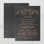 Chic Roos Gold Flourish Swirl Black Wedding Invite Kaart (Voorkant / Achterkant)