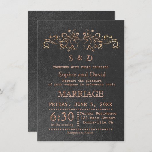 Chic Roos Gold Flourish Swirl Black Wedding Invite Kaart (Voorkant / Achterkant)