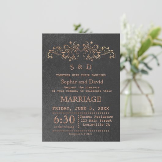 Chic Roos Gold Flourish Swirl Black Wedding Invite Kaart (Staand voorkant)