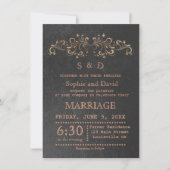Chic Roos Gold Flourish Swirl Black Wedding Invite Kaart (Voorkant)