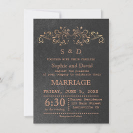 Chic Roos Gold Flourish Swirl Black Wedding Invite Kaart