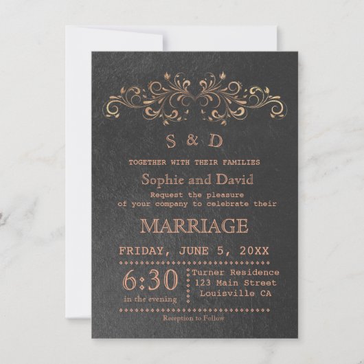 Chic Roos Gold Flourish Swirl Black Wedding Invite Kaart (Voorkant)