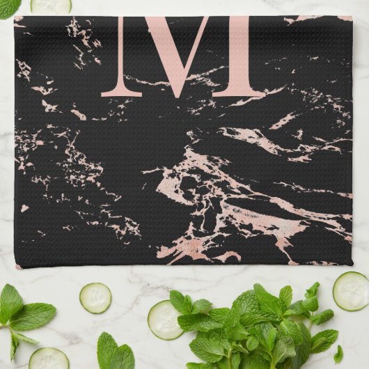 Chic Roos Gold Foil Black Marble Monogram Theedoek (Gevouwen)