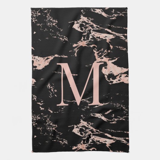 Chic Roos Gold Foil Black Marble Monogram Theedoek (Verticaal)