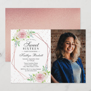 Chic Roos Gold Foil Floral Foto Sweet 16 Birthday Kaart