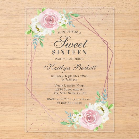 Chic Roos Gold Foil Floral Sweet 16 Birthday Acryl Uitnodigingen (Voorkant)