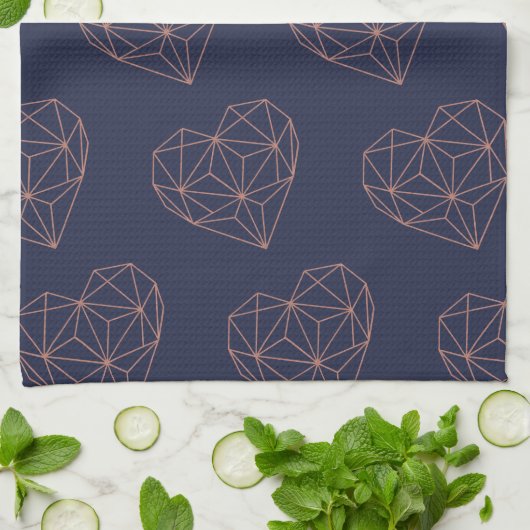 Chic Roos Gold Foil Geometric Heart op Navy Blue Theedoek (Gevouwen)