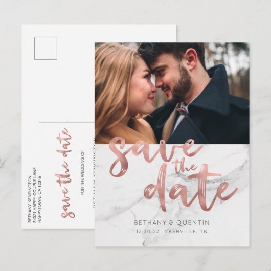 Chic Roos Gold Foil Script Marble Save the Date Aankondigingskaart (Voorkant / Achterkant)
