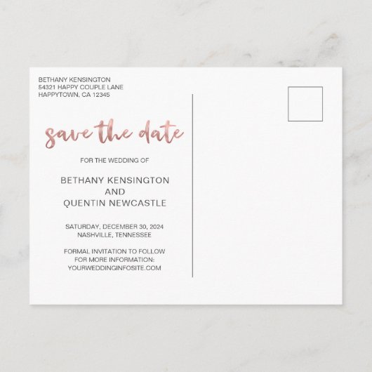 Chic Roos Gold Foil Script Marble Save the Date Aankondigingskaart (Achterkant)