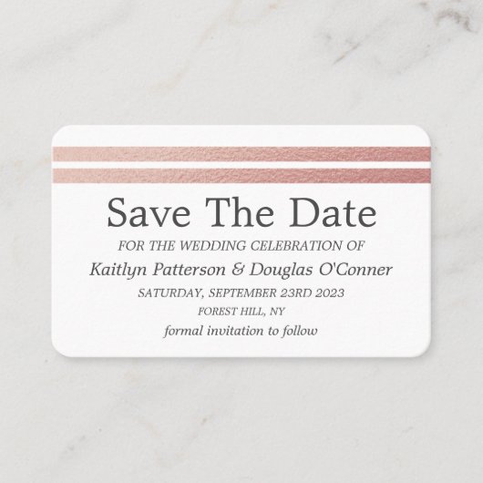 Chic Roos Gold Foil Stripes Save the Date Kaart Visitekaartje (Voorkant)