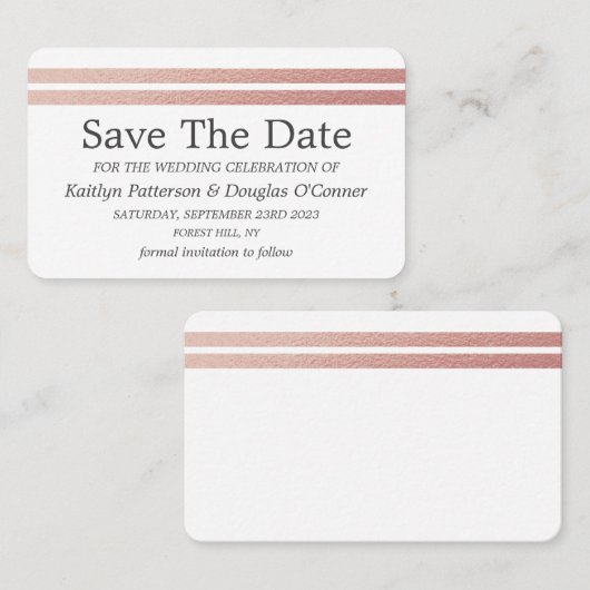 Chic Roos Gold Foil Stripes Save the Date Kaart Visitekaartje (Voorkant / Achterkant)