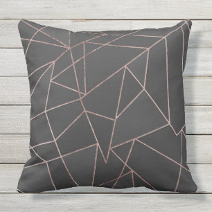 Chic Roos Gold Geometric Outline op zwarte houtsko Buitenkussen