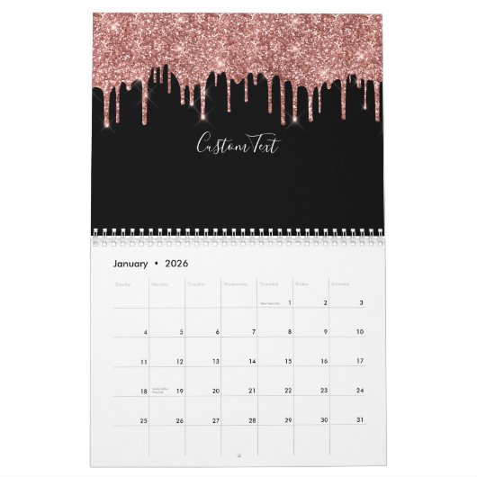 Chic Roos Gold Glitter Blush Monogram Naam zwart Kalender (Jan 2026)