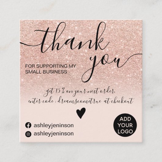 Chic roos Gold glitter blush roze order bedankt Vierkante Visitekaartje (Voorkant)