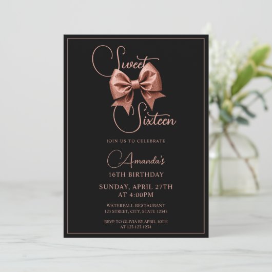Chic Roos Gold Glitter Bow Sweet 16 Verjaardag Kaart (Staand voorkant)