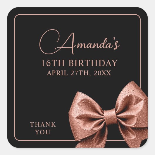 Chic Roos Gold Glitter Bow Sweet 16 Verjaardag Vierkante Sticker (Voorkant)