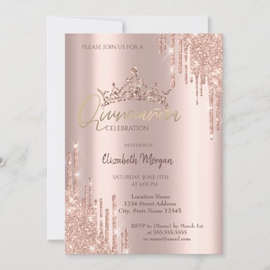Chic Roos Gold Glitter Crown Drop Quinceañera Kaart (Voorkant)