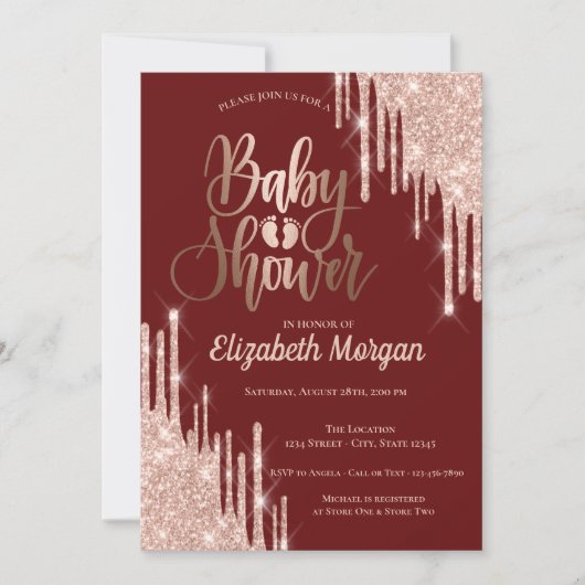 Chic Roos Gold Glitter Drift Bourgogne Baby shower Kaart (Voorkant)