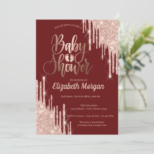 Chic Roos Gold Glitter Drift Bourgogne Baby shower Kaart (Staand voorkant)